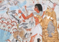 Tomb of Nebamun, Cats Hunting in the marshes. I gotta fishy, I can has dis birdy plizz?