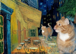 Vincent van Gogh, Terrace of a café at night during quarantine visited by giant catst