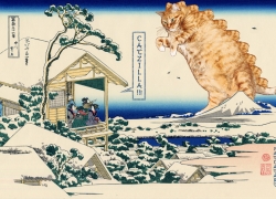Katsushika Hokusai, Tea house at Koishikawa. The morning after a snowfall. Catzilla attacks. From 36 views of Mount Fuji, no 11