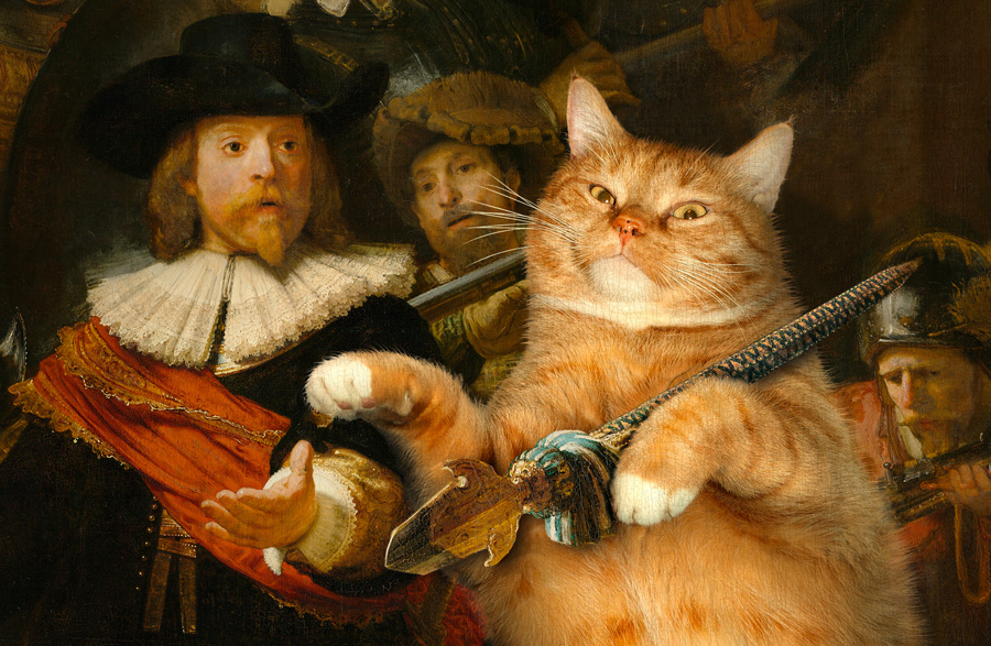 Rembrandt, The Night Watch, faces Rembrandt, The Night Watch with the Cat, close up