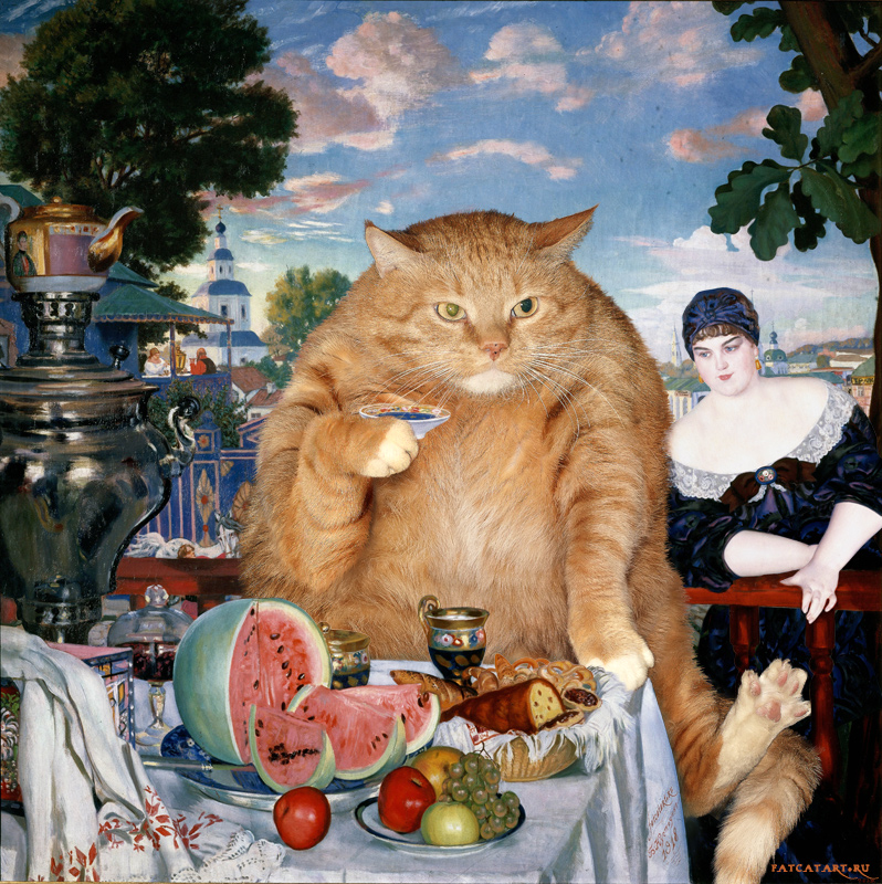 Boris Kustodiev. Merchant's Wife at Cat's Tea Борис Кустодиев. Купчиха за Котом.
