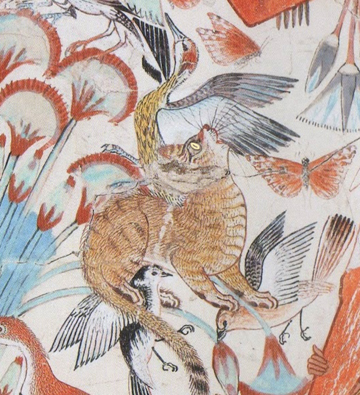 Wild cat hunting birds at the fresco at the Tomb of Nebamun, slightly restored