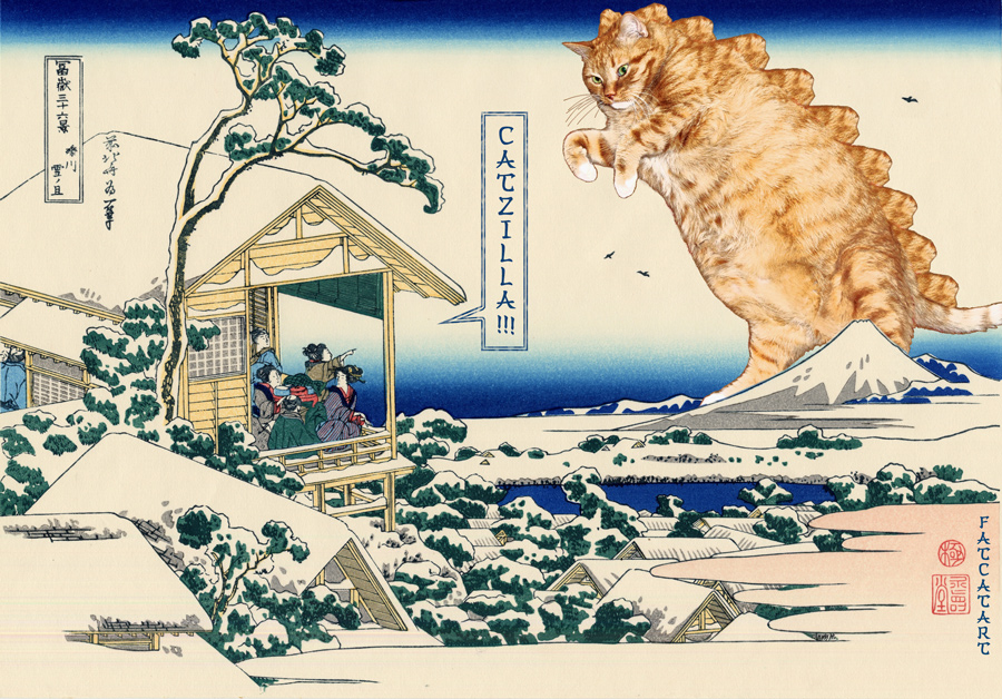 Katsushika Hokusai, Tea house at Koishikawa. The morning after a snowfall. Catzilla attacks. 36 views of Mount Fuji no 11