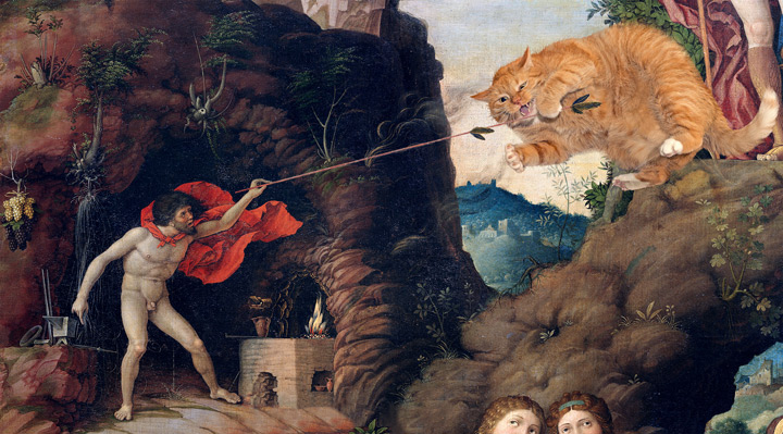 Vulcan is teasing cat Anteros, representing heavenly love as opposed to carnal love